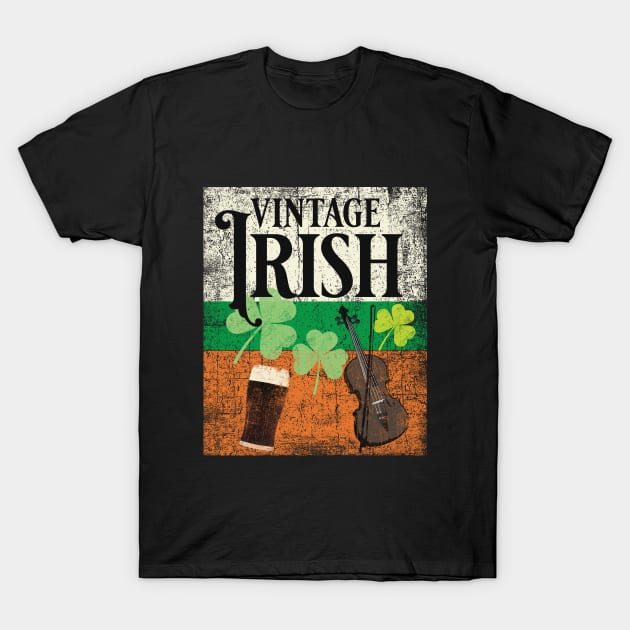 Irish vintage design with fiddle, shamrock and a pint of the black stuff T-Shirt by Keleonie